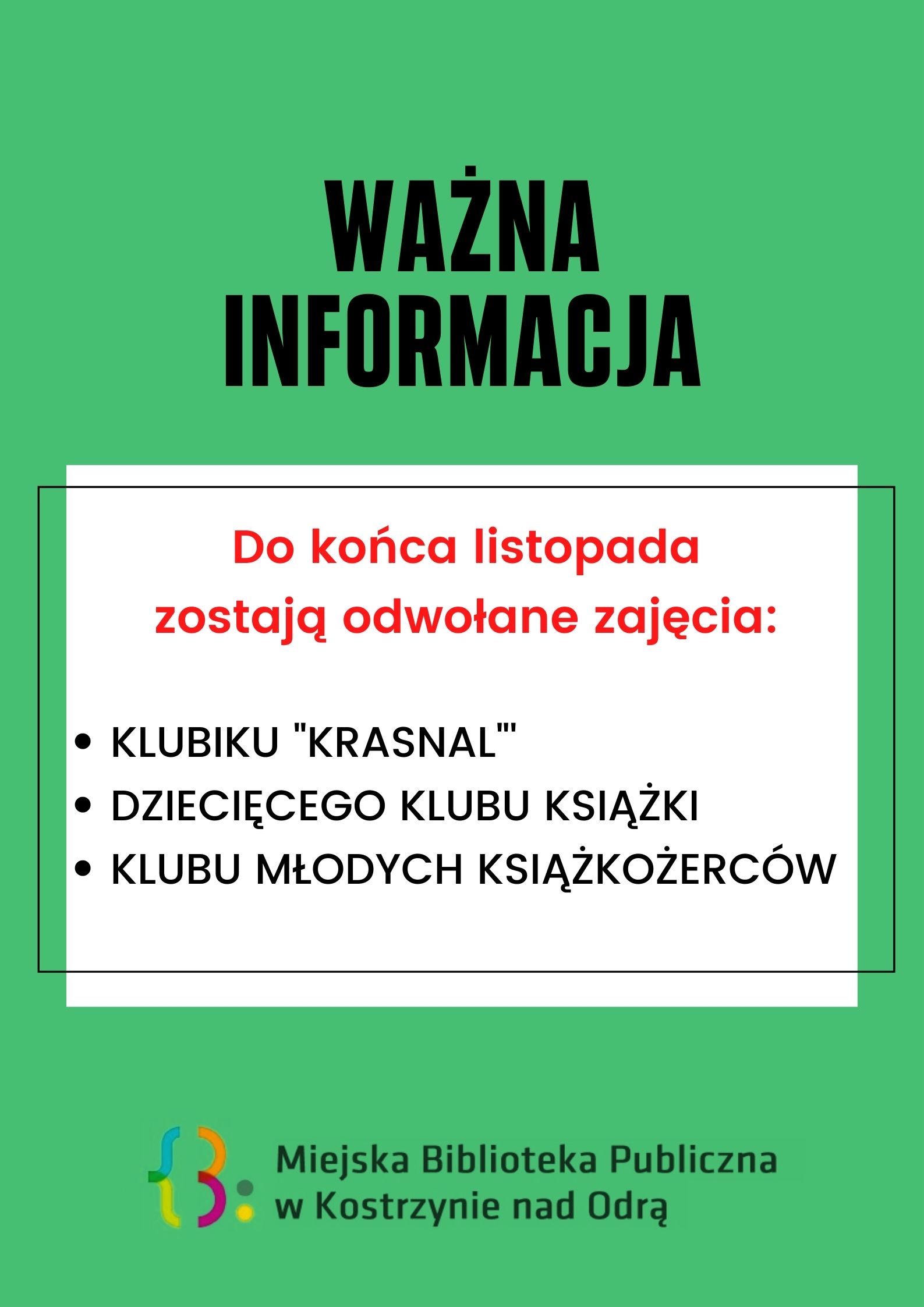 informacja o odwołanych zajęciach