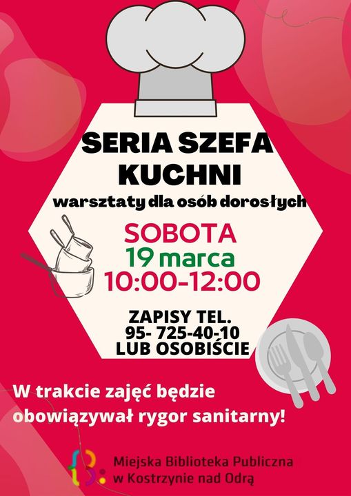 sześciokątny stół z elementami kucharskimi na środku zaproszenie na warsztaty kucharskie 19 Marca 10.00-12.00 Obowiązują Zapisy telefoniczne lub osobiste