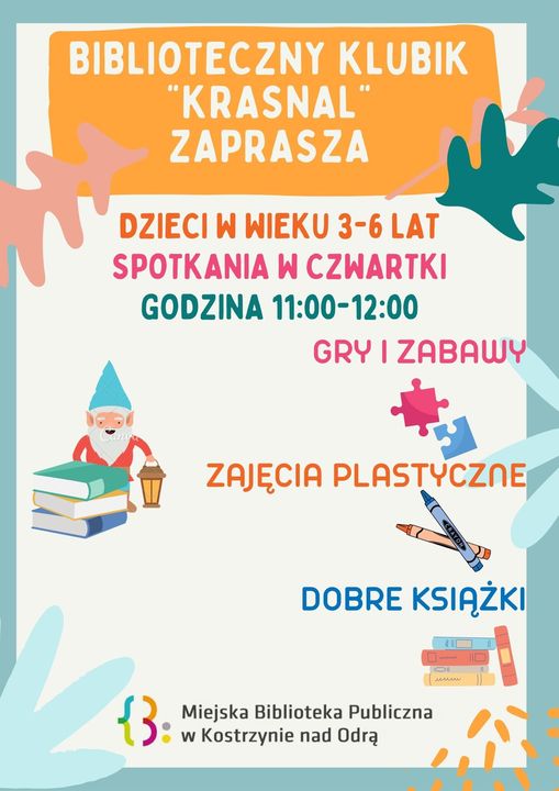 plakat zapraszający na zajęcia dzieci w wieku 3-6 lat na spotkania w czwartki w bibliotece