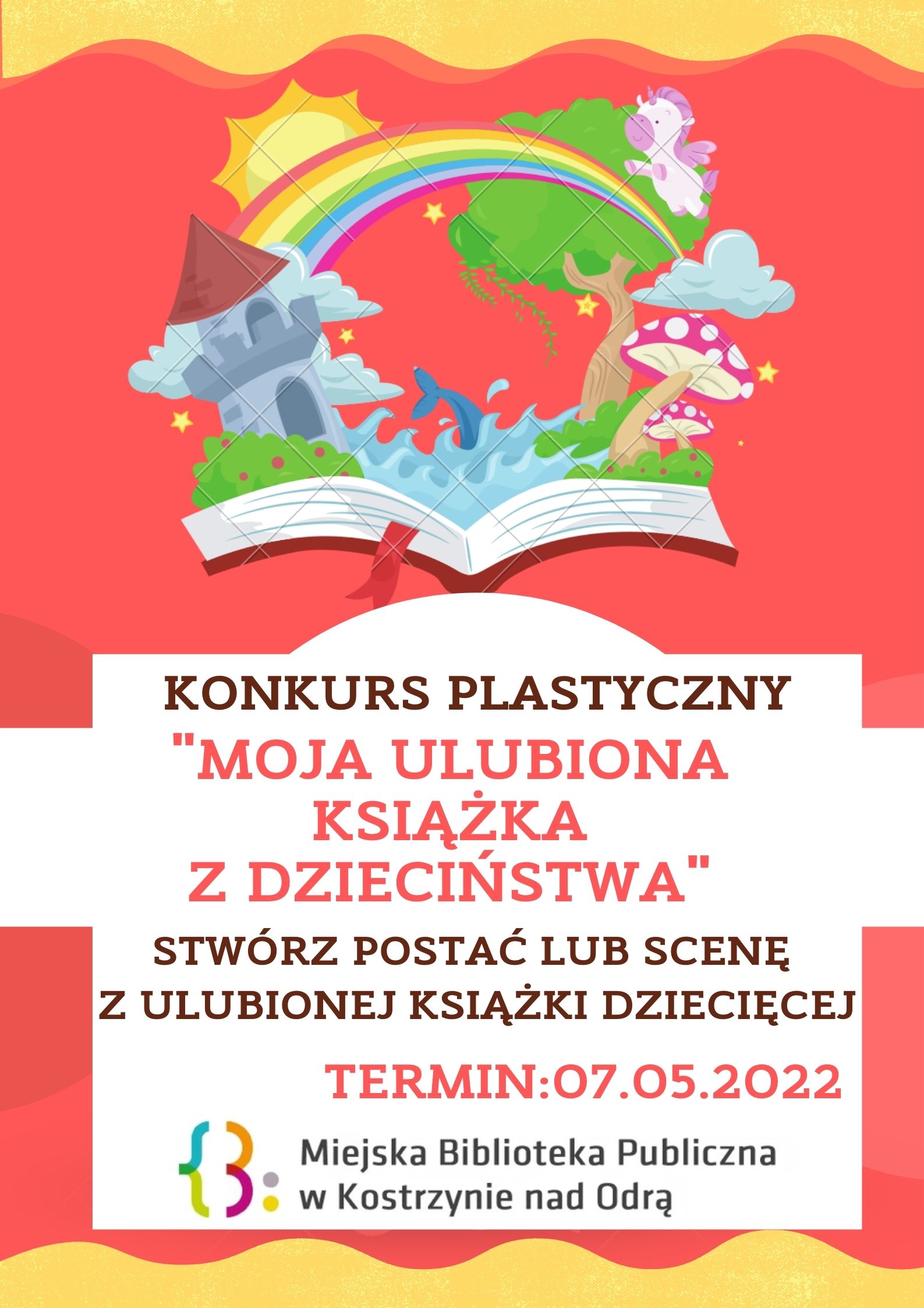 Elementy bajkowe na kolorowym tle oraz informacja o organizowanym konkursie postać lub scena z Mojej ulubionej książki z dzieciństwa 