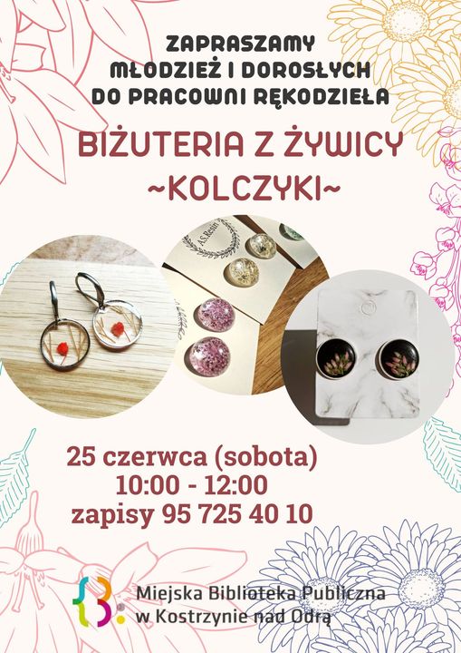 Plakat informacyjny Biżuteria z żywicy - kolczyki na tle zdjęć biżuterii wykonanej z żywicy