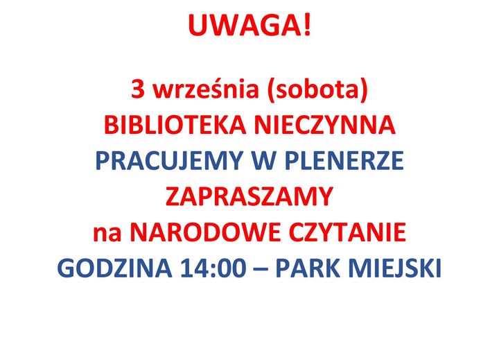 Informacja dot. godzin pracy w sobotę 09.09.2022 - nieczynne