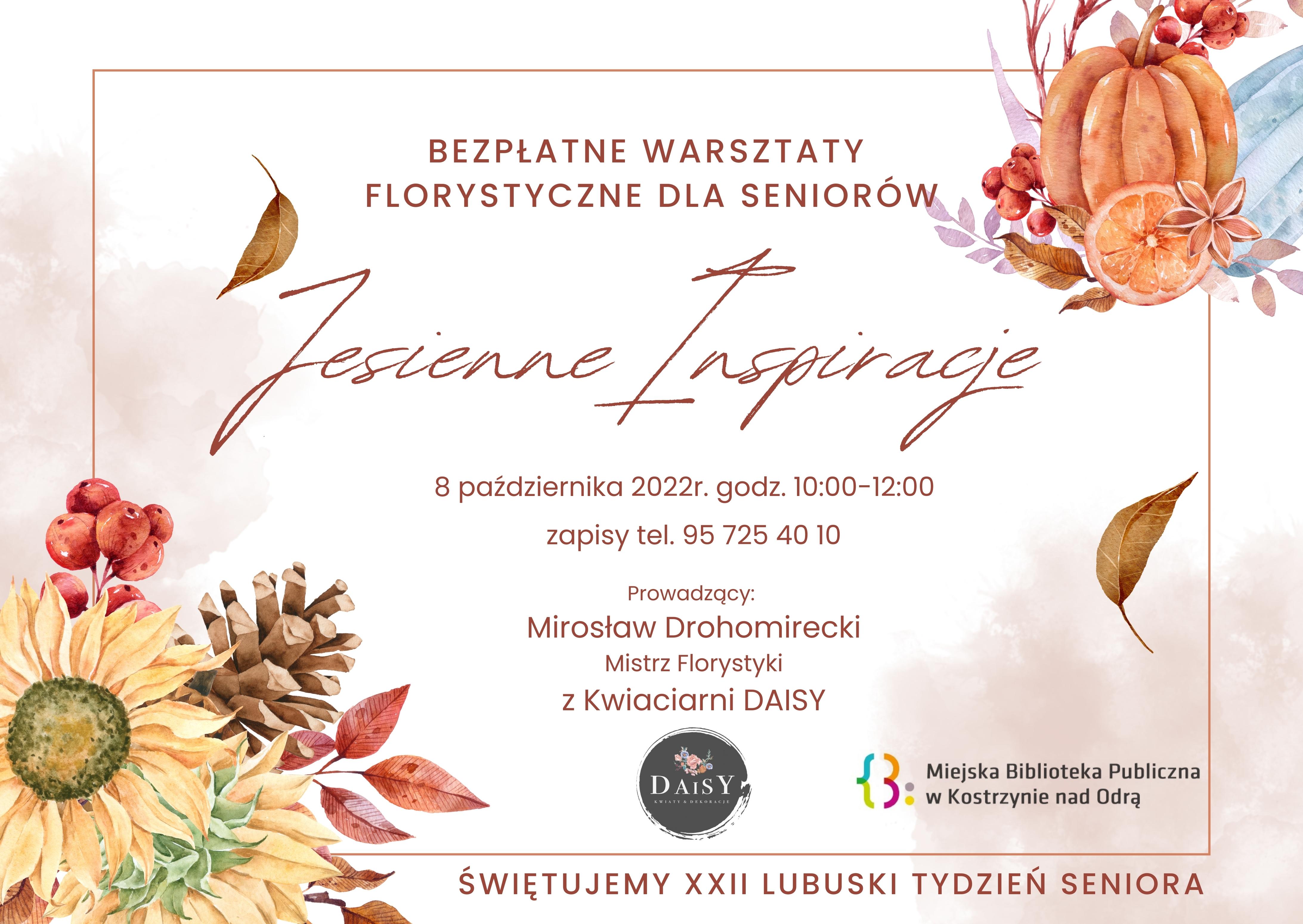 Plakat informacyjny dot. warsztatów florystycznych dla seniorów