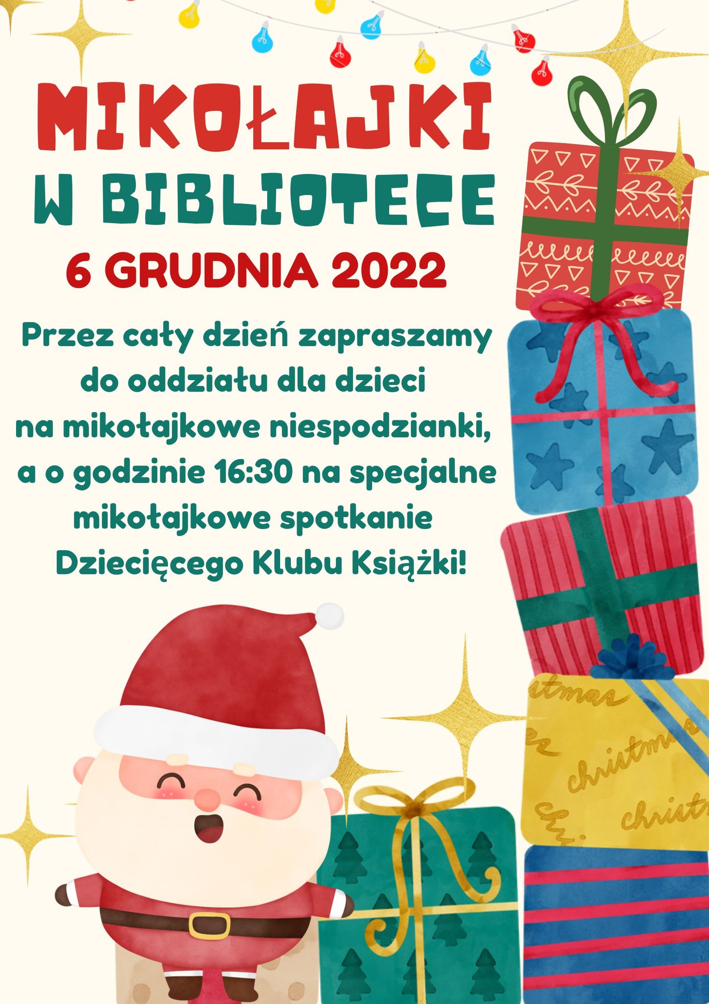 Zaproszenie Dziecięcego klubu książki na mikołajki w bibliotece