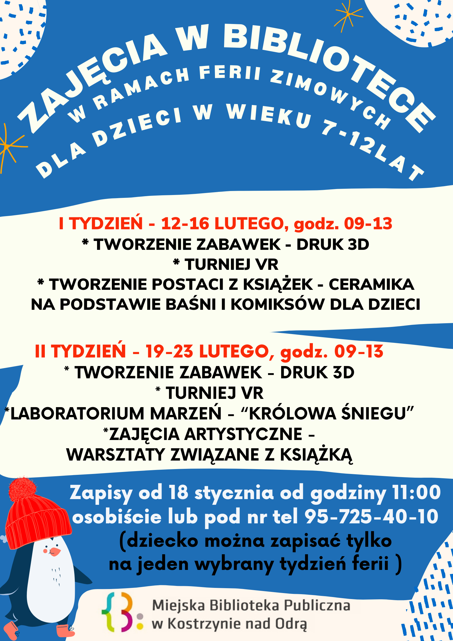 Plakat informacyjny - Ferie w bibliotece 2024