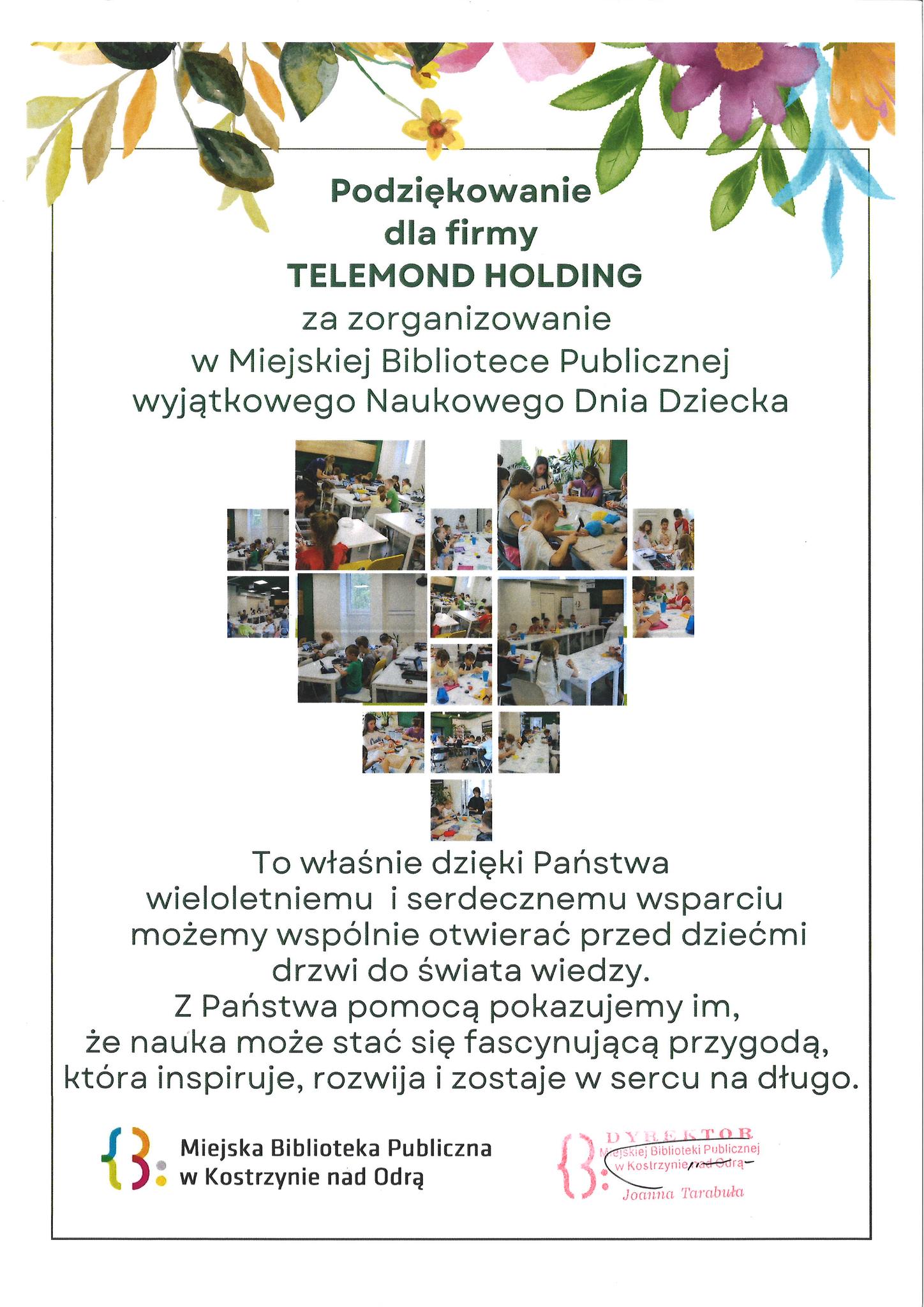Podziękowanie za wsparcie dla firmy Telemond
