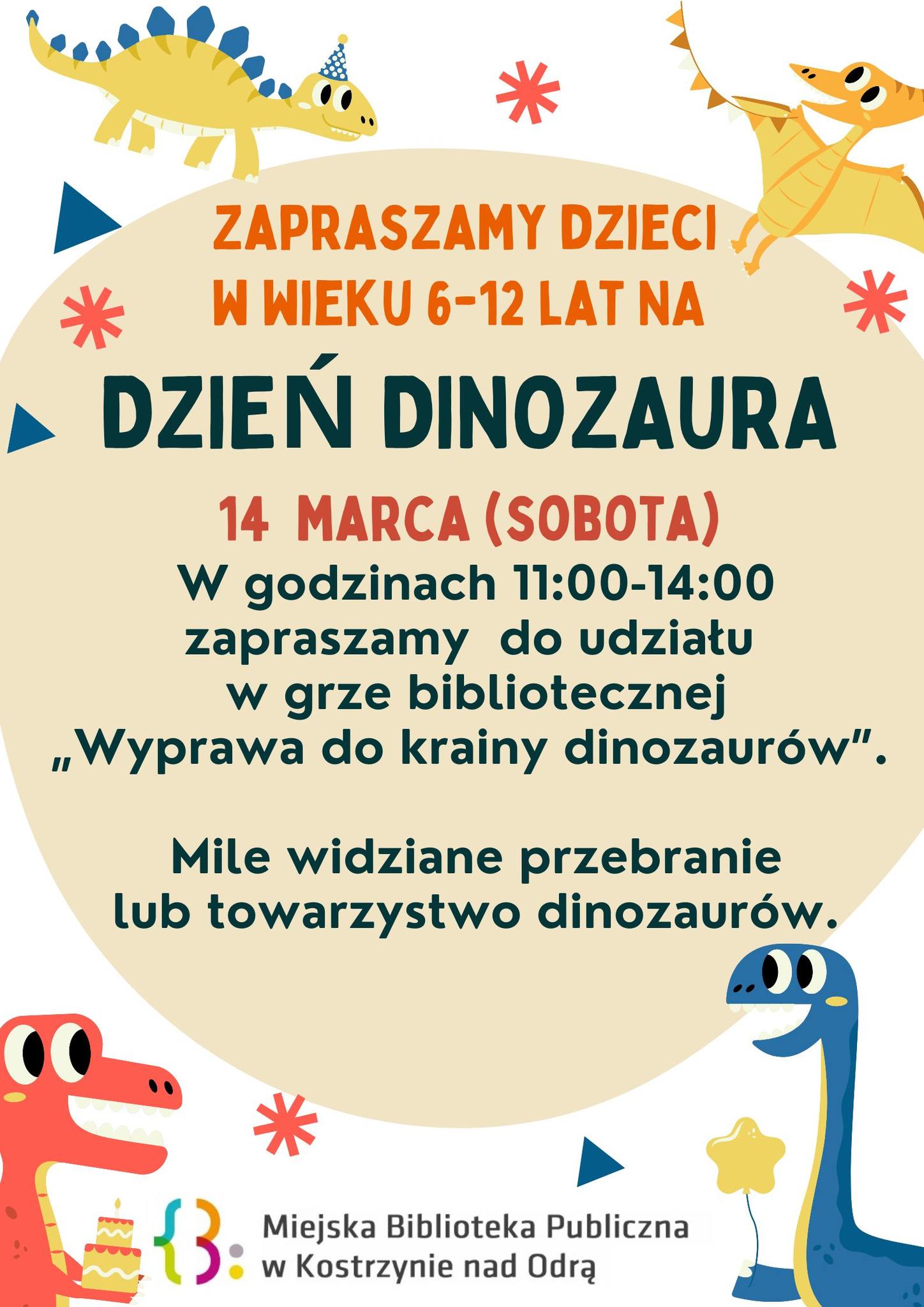 Biblioteka Oddział dla dzieci Dzień dinozaura - plakat informacyjny