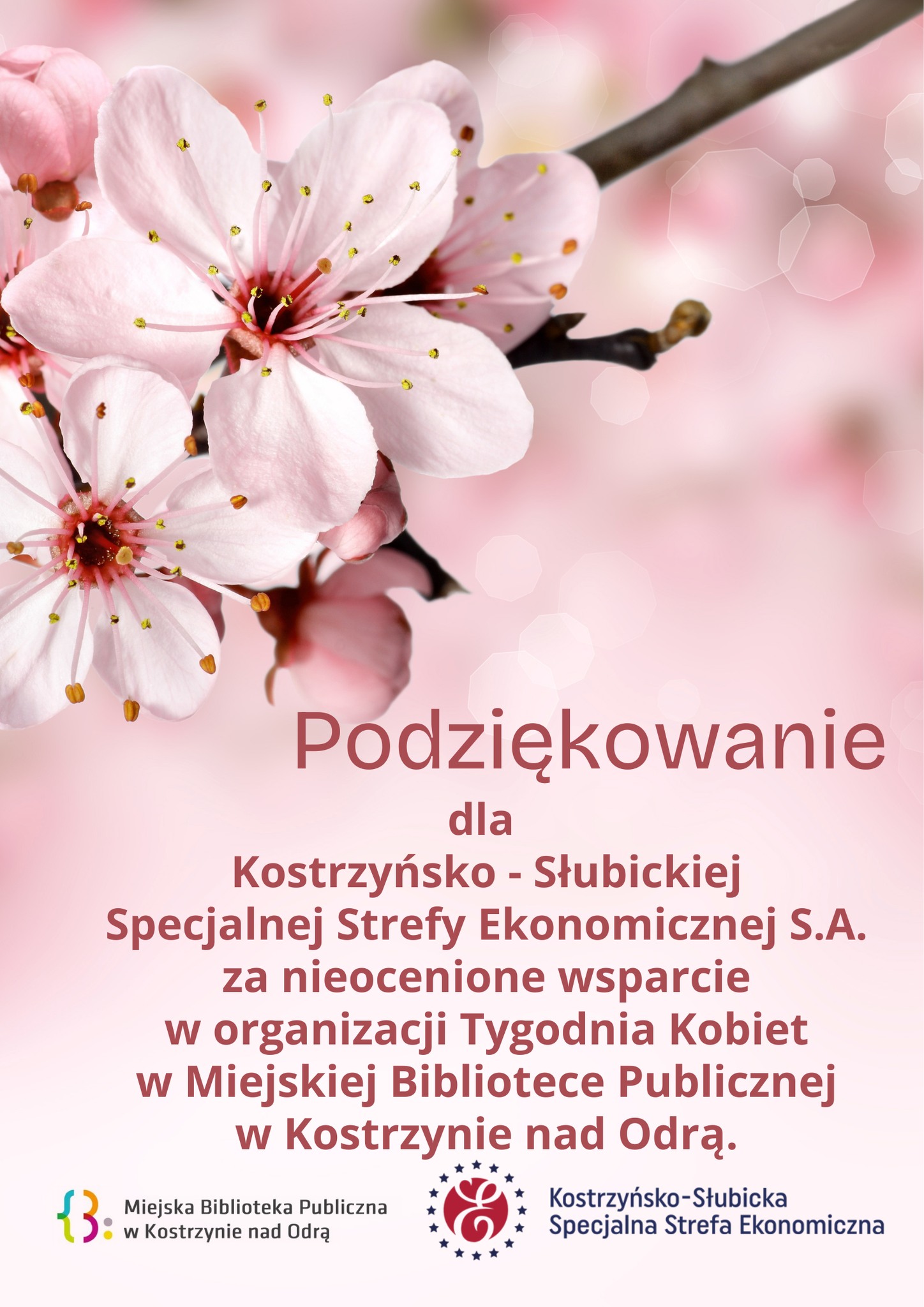 Podziękowanie za wsparcie dla Kostrzyńsko-Słubicka Specjalna Strefa Ekonomiczna S.A. Plakat informacyjny za udzielone wsparcie w realizacji zadań